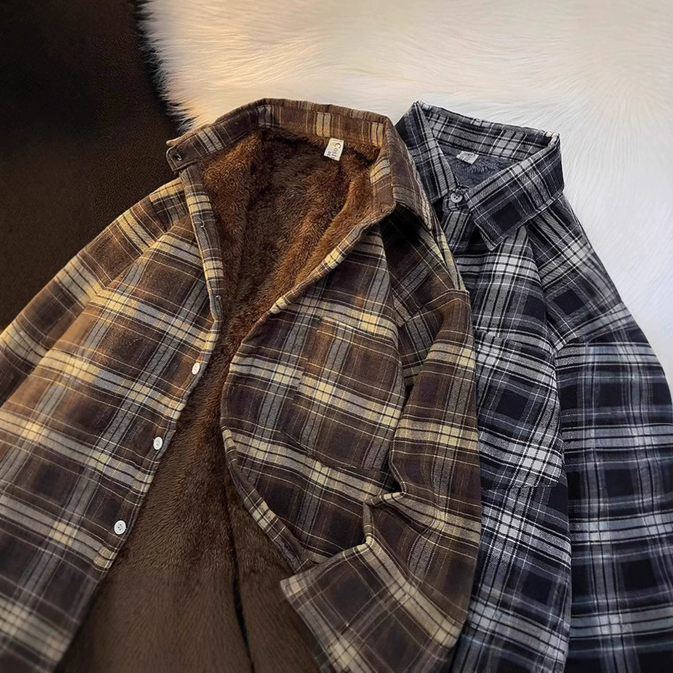 Осенняя и зимняя бархатная толстая клетчатая рубашка мужской с длинными рукавами ретро японский бренд Vintage свободная повседневная куртка