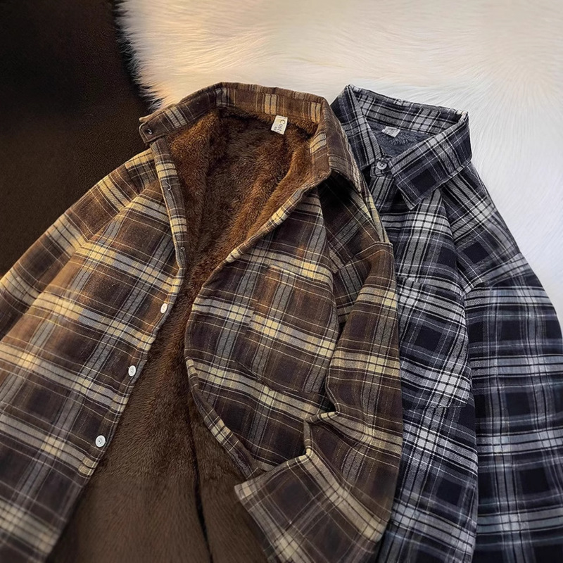 Autumn and Winter fleece-lined Thickened Plaid Shirt Men's Long-sleeved Japanese Style Retro Fashion Brand vintage Loose Casual Jacket
