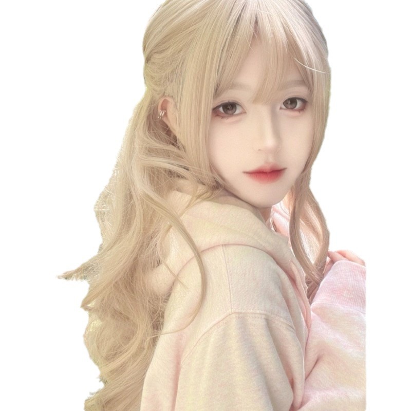 Star Cheng White Gold Wool Curled Wig Women's Long Hair Hong Kong Style Lolita Long Curled Hair Fluffy Water Ripple Full Head Set