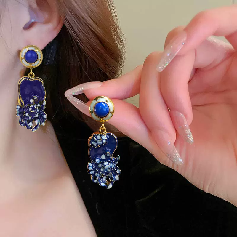 中古法式复古不对称花朵耳环 轻奢滴油几何方形耳饰气质耳坠