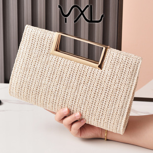 2025 New Cross-border Special Straw Bag High-end Square Buckle Hardware Clutch Bag European and American Simple Evening Bag Solid Color Bag