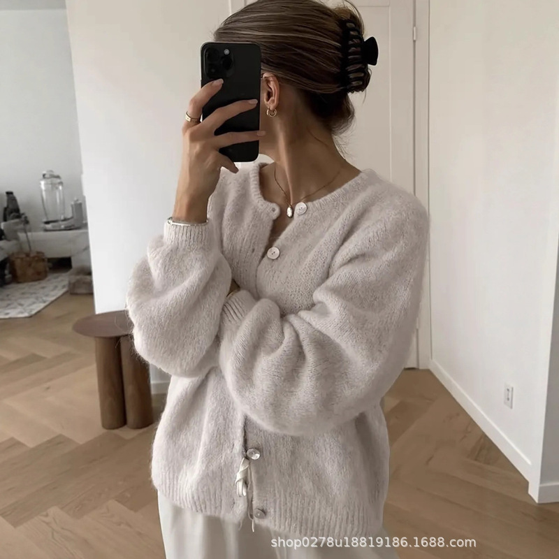 Light Gray Knitted Cardigan, Round Neck Single-Breasted, Lantern Sleeve, Loose Short Sweater Outerwear