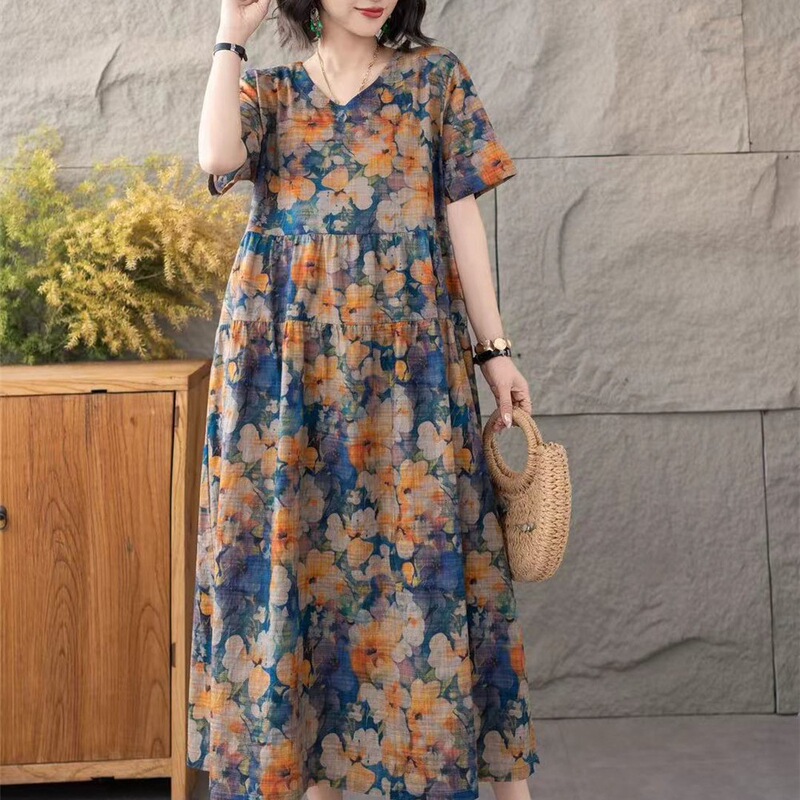 2822 Summer Digital Print Long Dress Bamboo Cotton Floral Large Hem Women's Pastoral Style Short Sleeve Long Dress