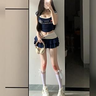 American Retro Sexy Sexy Contrasting Color T-Shirt Short Top for Women Spring and Summer Pure Lust Sports Style Slimming Look A-Line Skirt Suit