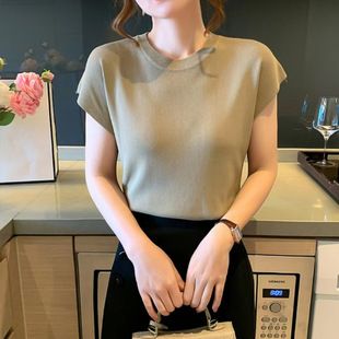 Ice Silk Sweater Women's Thin Round Neck Summer New Style Simple Versatile Solid Color Sleeveless Top Vest