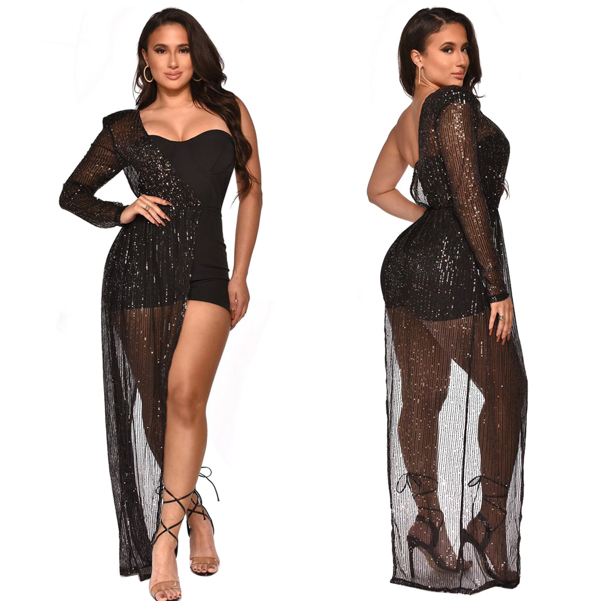 Tube Top Single Sleeve Sequin Jumpsuit NSMYF107922