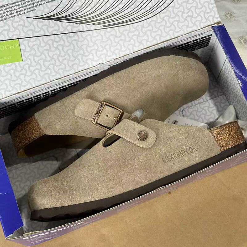 First-Layer Cowhide Birkenstock Unisex Genuine Leather Cork-Soled Flat Birkenstock Shoes Casual Closed-Toe Slippers Birkenstock