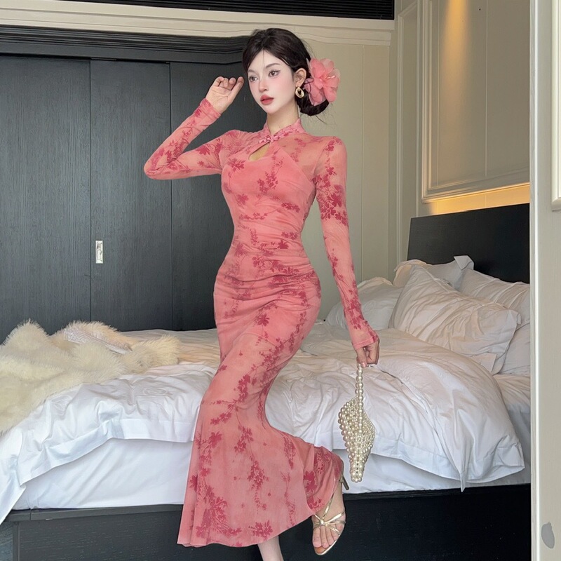 New Chinese-Style Retro Elegant Long-Sleeved Pure and Alluring Improved Cheongsam Young Style Sexy Dress Slim-Fitting Bodycon Long Skirt for Autumn