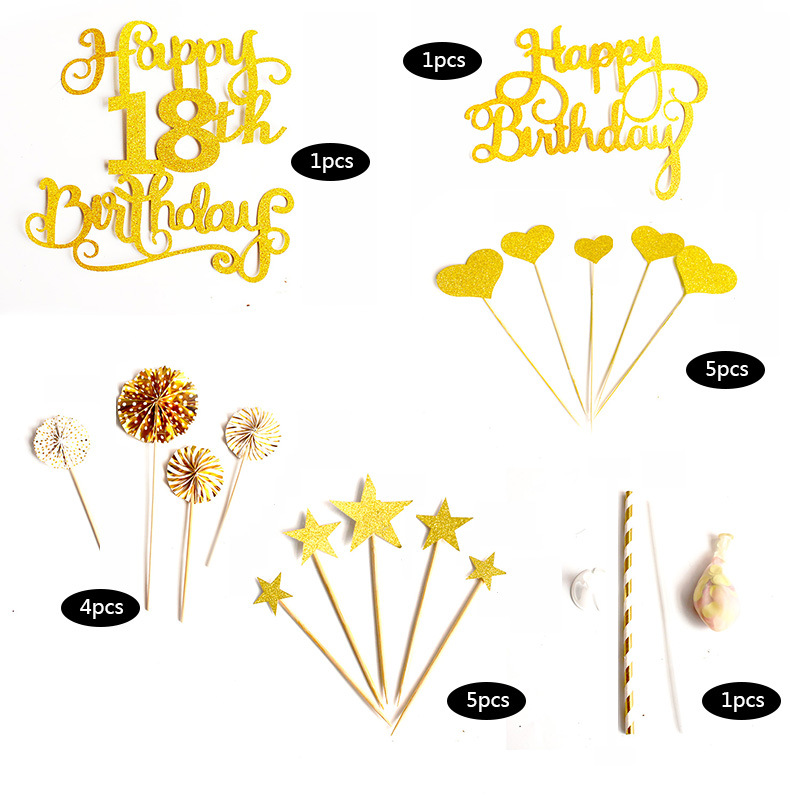亚马逊跨境 可定制数字18生日快乐蛋糕装饰插件插牌纸扇气球套装详情10