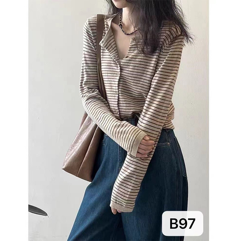 Elegant and Sophisticated Striped Knit Cardigan Jacket for Women, Short Autumn New Top Sweater, Factory Knitwear