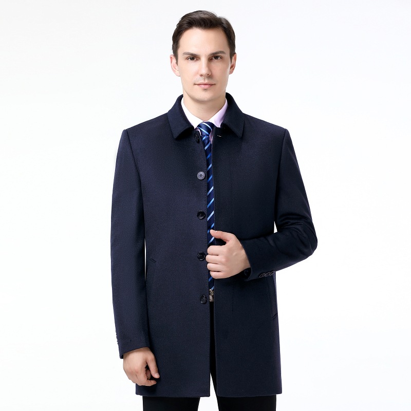 Men's Mid-Length Cashmere Overcoat for Autumn and Winter, Mid-Length, Dad Style, Collared Wool Coat with Buttons