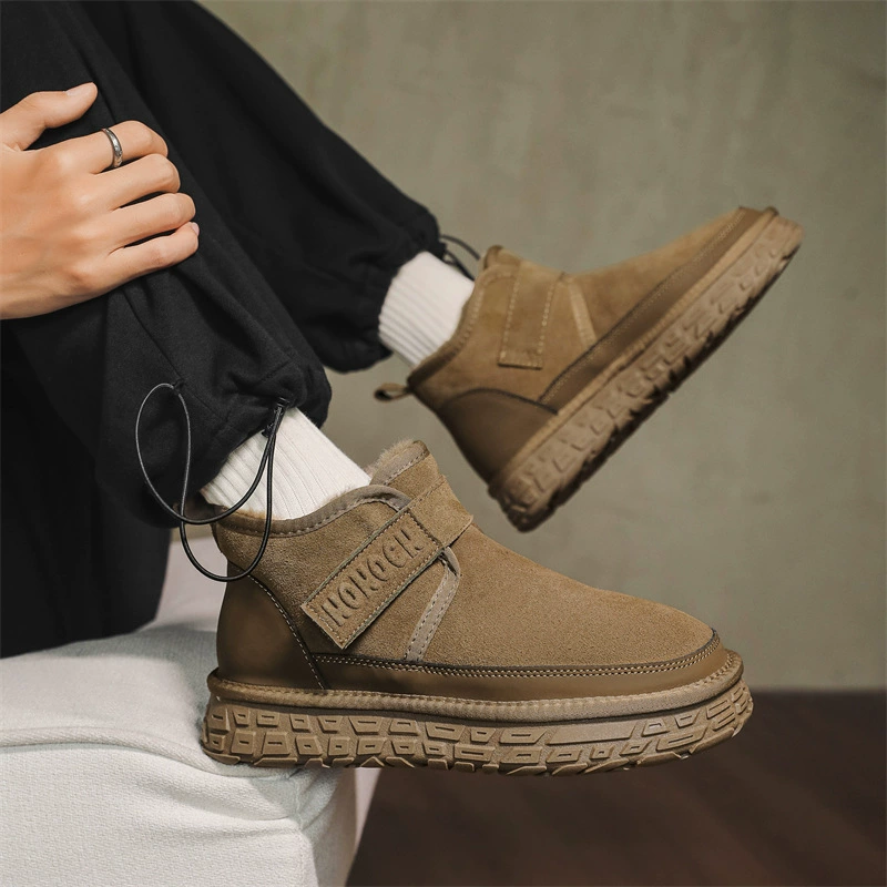 Шерстяные шины с толстым дном снежные сапоги мужские зимние новые бархатные теплые липучки кожаные шерстяные хлопчатобумажные сапоги