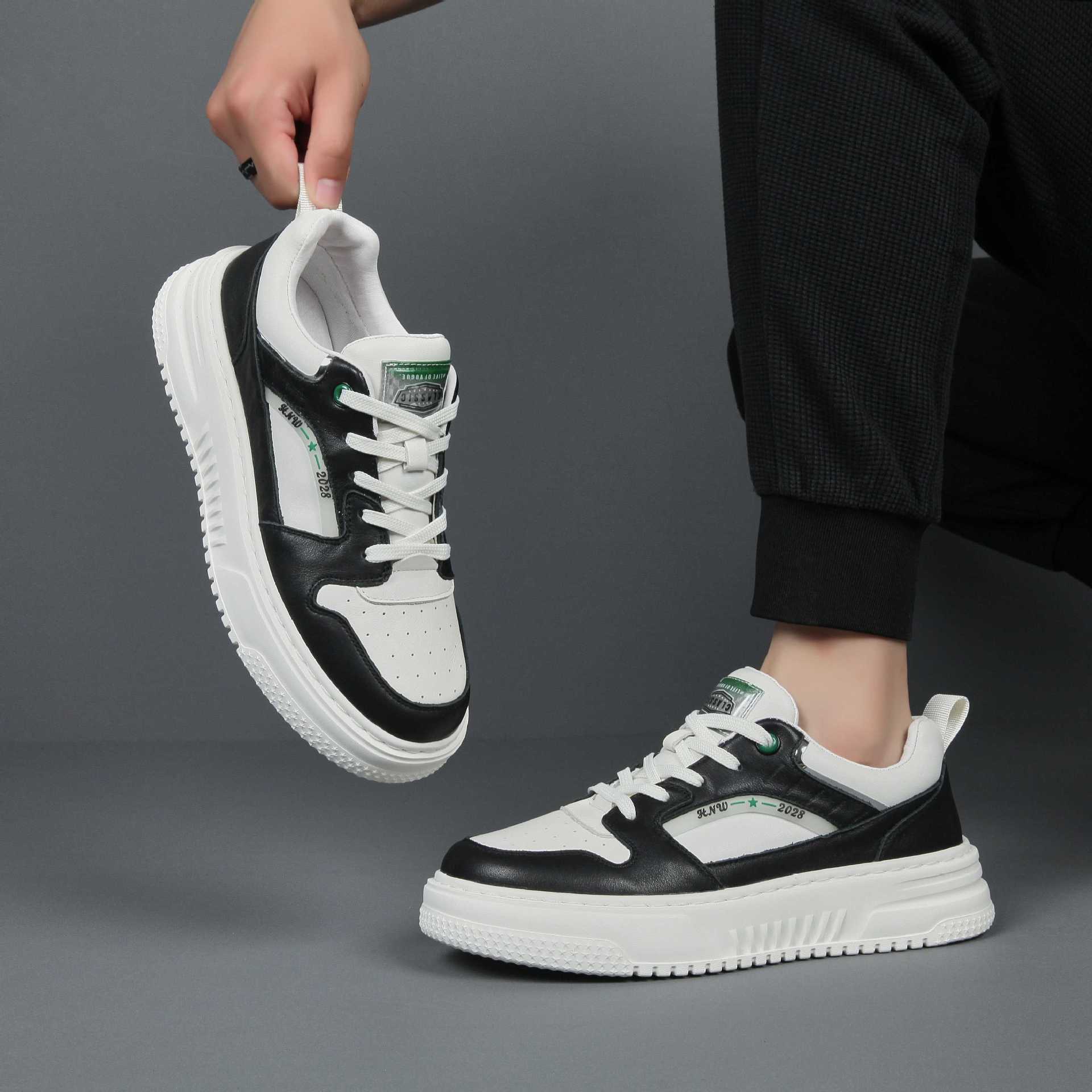 Zapatos casuales de cuero de vaca, zapatos casuales de hombre, zapatos blancos de moda coreana con un pedazo de calzado deportivo, suela gruesa