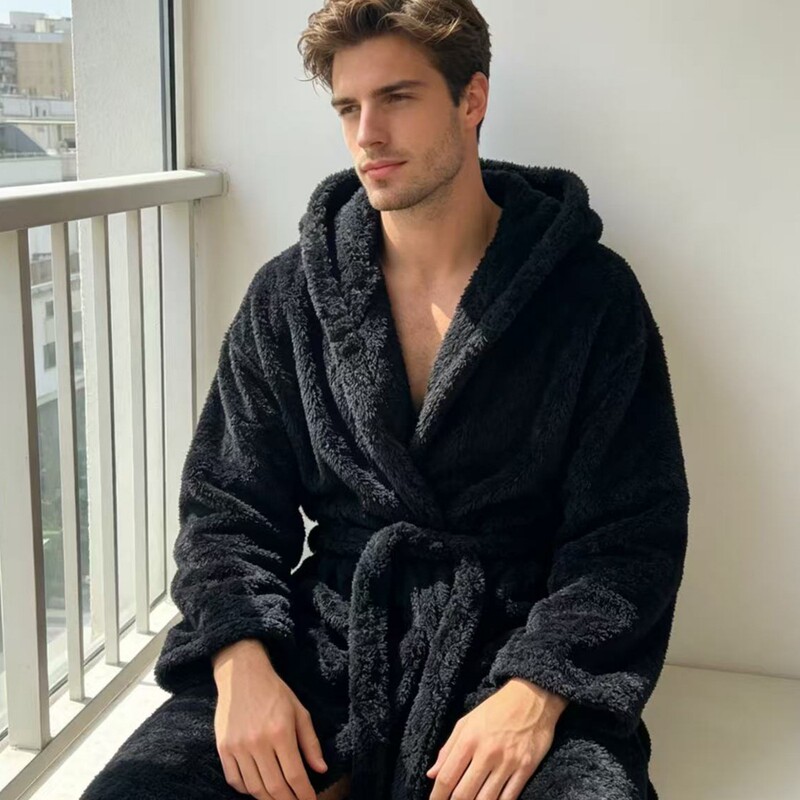 Cross-border solid color hooded bathrobe with belt and long cuffs, designed for autumn and winter, warm and comfortable sleepwear Cross-border solid color hooded bathrobe with belt and long cuffs, designed for autumn and winter, warm and comfortable sleepwear