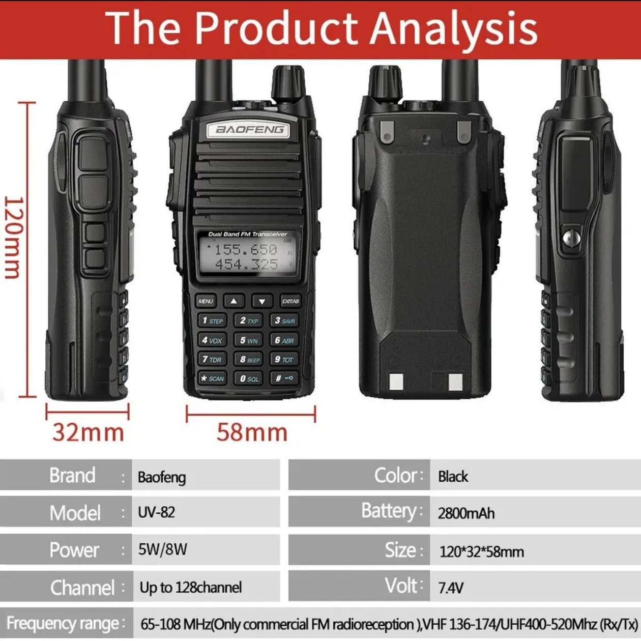 Портативная рация Baofeng UV-82, двухдиапазонная 5W/8W, двойной PTT, варианты длинной батареи