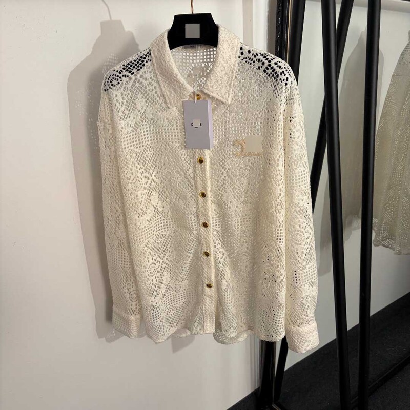 Nanyou High-End Foreign Trade Style Slim Fit Dopamine Women's New Logo Gold Button Lace Hollow Out Long Sleeve Shirt