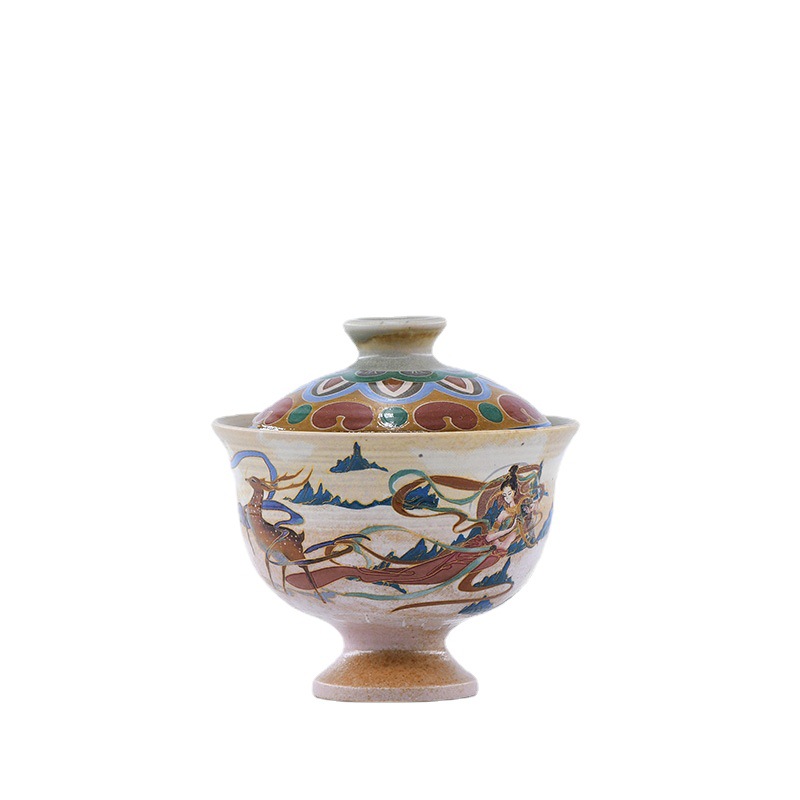 Impresión de Dunhuang Apsara cubierta Tazón de cerámica juego de té Tazón cultural regalo creativo fabricante de té 150ml de alto Pie de dos piezas taza de té