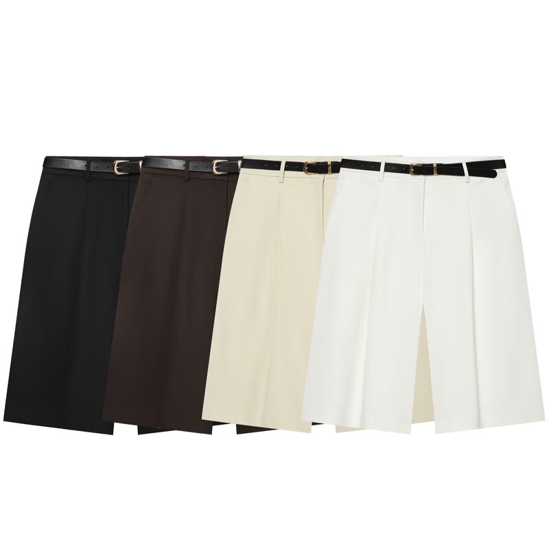 Pb&Za Cross-Border Women's Pleated Decorative Pocket High-Waisted Long Casual Straight Shorts with Belt 1689021 Pb&Za Cross-Border Women's Pleated Decorative Pocket High-Waisted Long Casual Straight Shorts with Belt 1689021