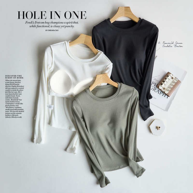 Long-Sleeve T-Shirt for Women with Built-In Bra Pads, Solid Color Basic Versatile Casual Slim-Fit Base Shirt Top
