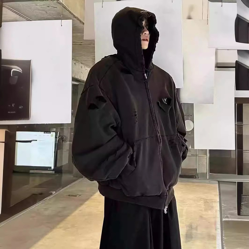 In stock GRAILZ LEARL washed black destroyed distressed ripped double-layer zipper sweater Korean hoodie coat In stock GRAILZ LEARL washed black destroyed distressed ripped double-layer zipper sweater Korean hoodie coat