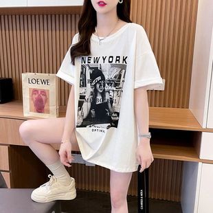 Pregnant Mother Summer Pure Cotton Short-Sleeved T-Shirt Women's American Retro Casual Top Versatile Mid-Length Printed T-Shirt Skirt