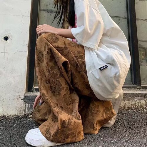 Men's Spring American Retro Floral Casual Loose High-Waist Straight Leg Long Pants Slim Wide Leg Pants Trendy