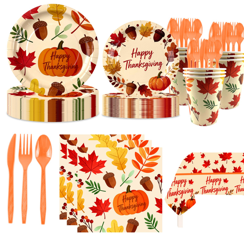 Thanksgiving Autumn Maple Leaf Theme Disposable Tableware Party Supplies Decoration Set Paper Plates Paper Cups Paper Napkins Tablecloth