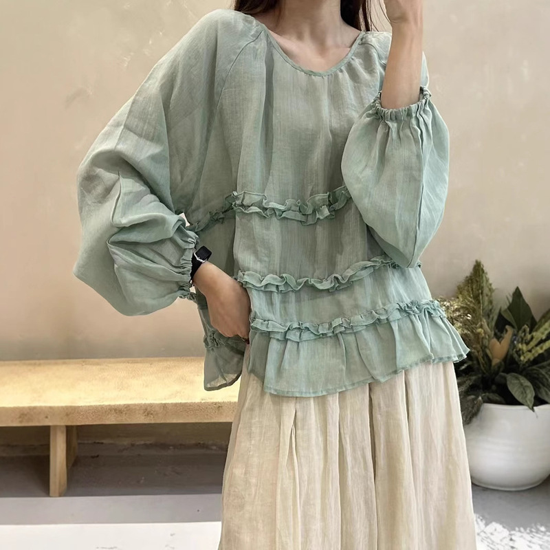 25 Years New Solid Color Ramie Shirt Women's Round Neck Pullover Casual Versatile Artistic Lace Light Shirt Top