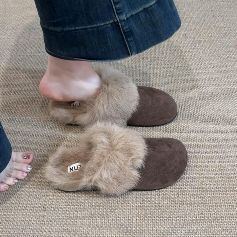 Real Rabbit Fur Toe-Toe Slippers for Women to Wear Outside in Winter Retro Fleece-Lined Warm Birkenstock Fur Shoes Thick-Soled Snow Cotton Boots