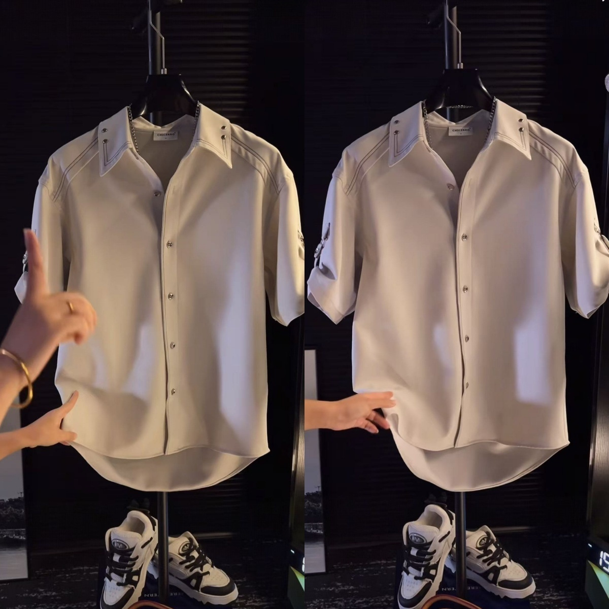 Summer Fashion Versatile Men's Niche Design Topstitch Studded Shirt Short Sleeve Casual Loose Fashion Trendy Brand