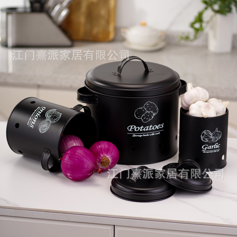 Barril de almacenamiento de patatas transfronterizas con orificio de ventilación, tanque de almacenamiento de cebolla y ajo, tanque de almacenamiento multifuncional de hierro