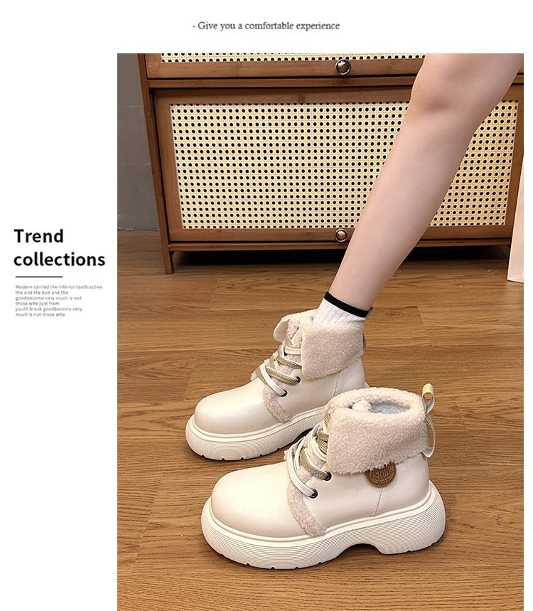 Women's Plush Leather Ankle Boots Academy Style Thick Sole Shoes_voghion.com