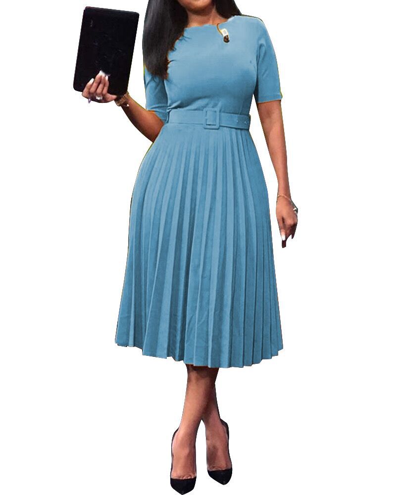 Women's Dresses In Solid Color With Pleated Skirts And Waistbands Are In Stock Lady Dress