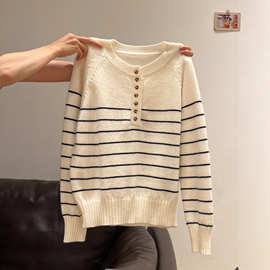 条纹半开领针织加厚套头毛衣外套2025年秋冬季宽松设计感长袖上衣