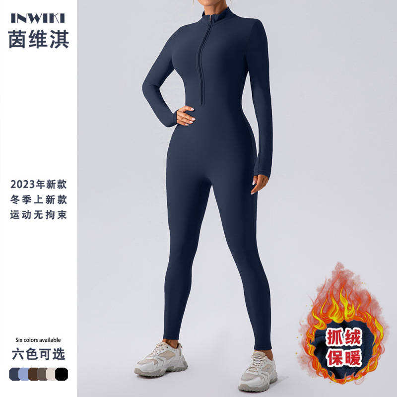 European and American Popular Winter Velvet One-Piece Yoga Wear Long-Sleeved Warm Outer Wear Fitness Sports One-Piece Bodysuit for Women European and American Popular Winter Velvet One-Piece Yoga Wear Long-Sleeved Warm Outer Wear Fitness Sports One-Piece Bodysuit for Women