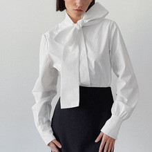 2023秋季时尚百搭系带宽松衬衣女欧美宽松白色衬衫飘带领简约
