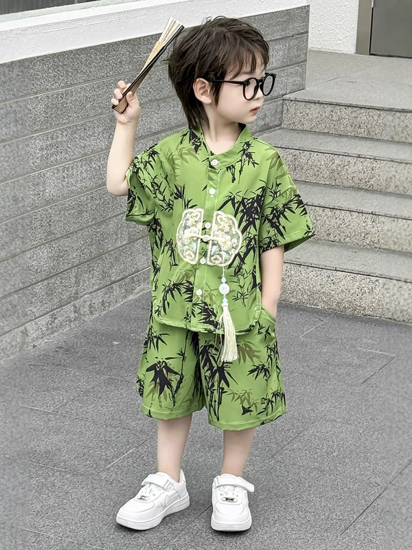 男の子と女の子 2025 夏スーツ夏の新中国風半袖子供ツーピース刺繍古代風スーツ|undefined