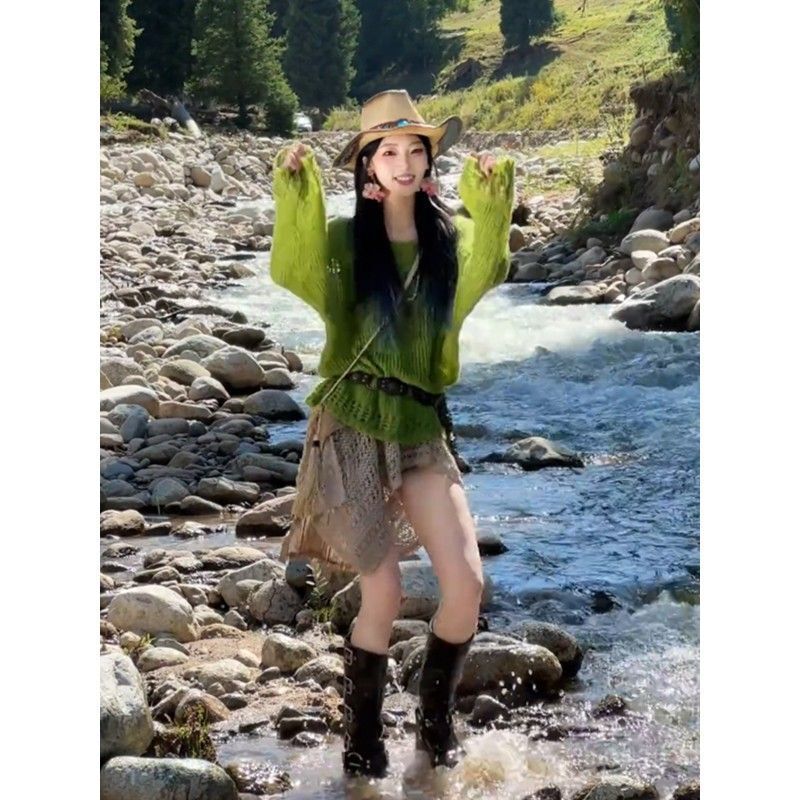 度假风气质宽松破洞针织罩衫镂空半裙女装2025早秋新款辣妹两件套|undefined