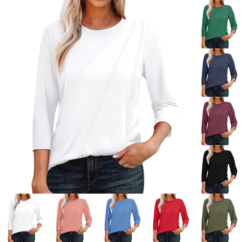 Amazon 2026 Foreign Trade Spring and Summer Solid Color Round Neck Loose Striped Three-Quarter Sleeve T-Shirt for Women Commuting New Style Loose Fit Amazon 2026 Foreign Trade Spring and Summer Solid Color Round Neck Loose Striped Three-Quarter Sleeve T-Shirt for Women Commuting New Style Loose Fit