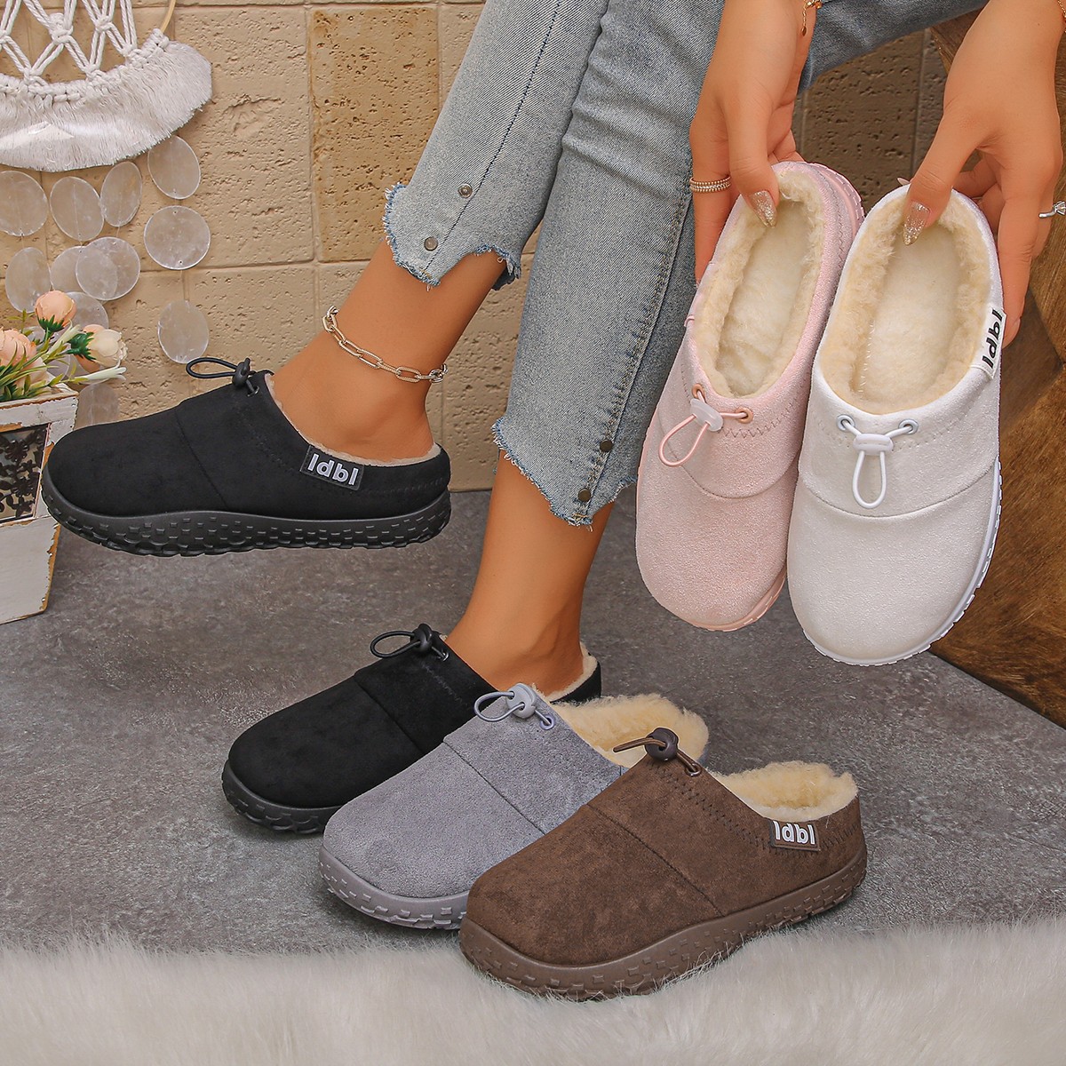 Cross-Border Hot-Selling Felt Rope Buckle Adjustable Full-Wrap Autumn and Winter Cotton Shoes for Outdoor Wear