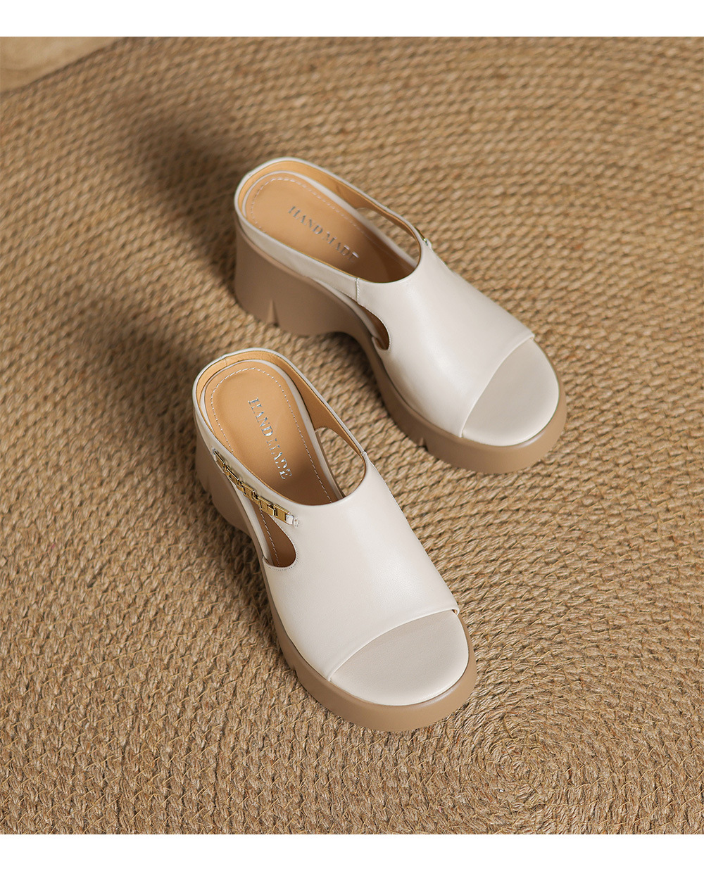 Dép sandal quai ngang nữ đế xuồng da bò mũi vuông hở mũi gót dày — đen chi tiết 15