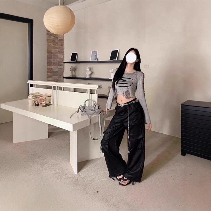 American Retro Sweet Cool Style Ripped High-Waisted Cropped Pullover Chic Top Elegant Slim-Fit Slimming Knit Base Shirt