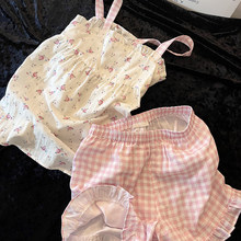 Sin Glee ins风甜美花卉印花吊带睡衣女夏季格纹短裤家居服两件套