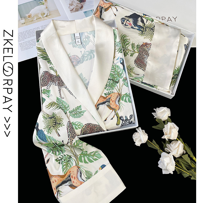 인터넷 연예인 동물 세계 4 피스 아이스 실크 파자마 여성 봄과 여름 새로운 도착 빛 럭셔리 프랑스 스타일 인공 실크 홈 옷