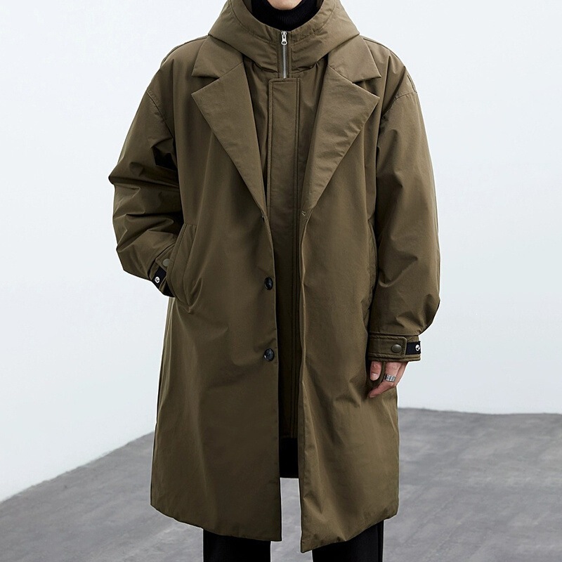 2024 Winter New Korean Style Men's Trendy Faux Two-Piece Hooded Mid-Length Parka Coat