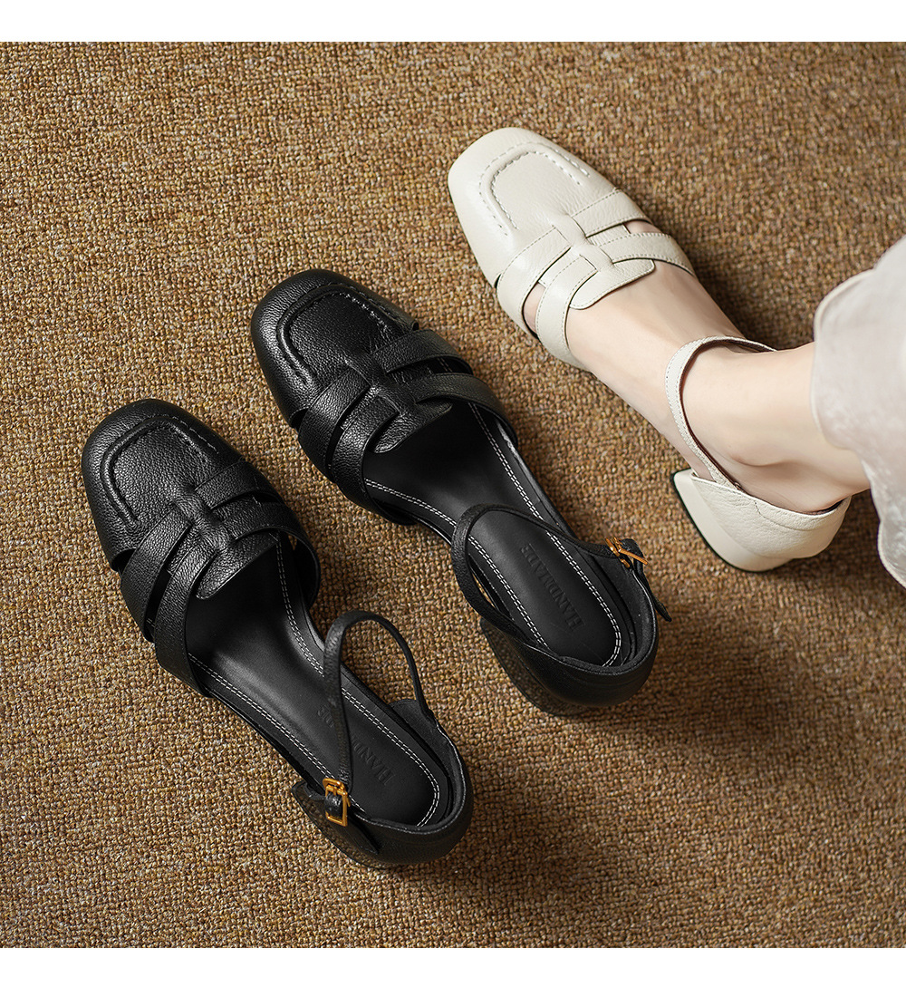 Sandal nữ da cừu mũi nhọn quai khóa gót thô 9 cm — đen chi tiết 1