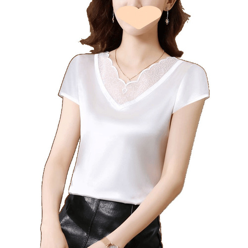 Summer Lace Design Women's Short Sleeve Top Outerwear Satin Base Layer Top Fashion Trendy Plus Size Bodycon Top