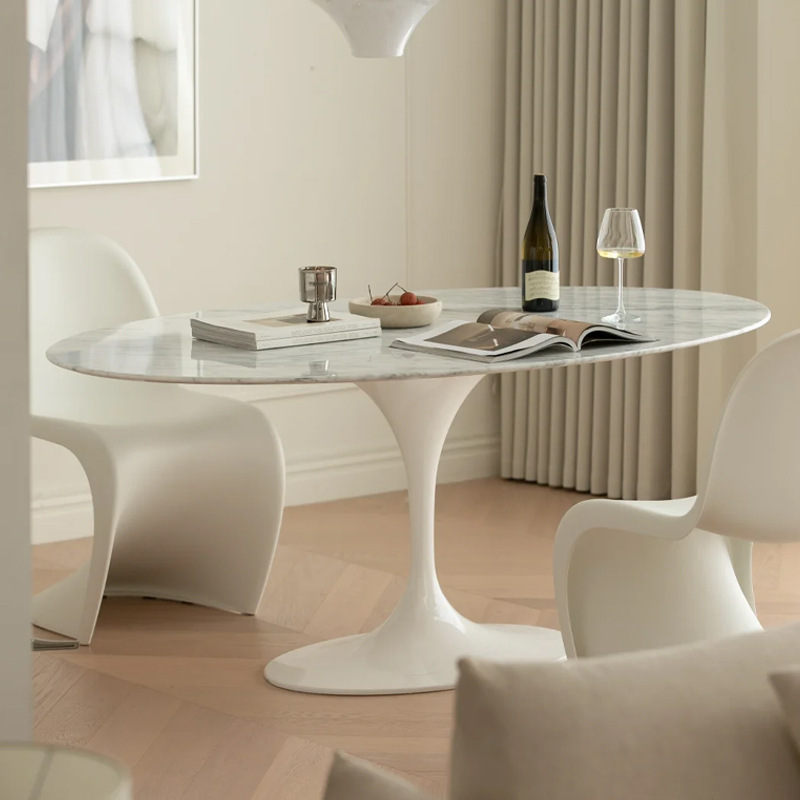 French Minimalist Tulip Oval Mid-Century Style Italian Light Luxury Designer Negotiation Table Natural Marble Dining Table