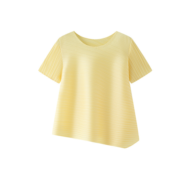 Miyake T-Shirt Women's Pleated Top Asymmetrical Pleated Short-Sleeved Summer Loose Niche Design Round Neck Slimming Look T-Shirt