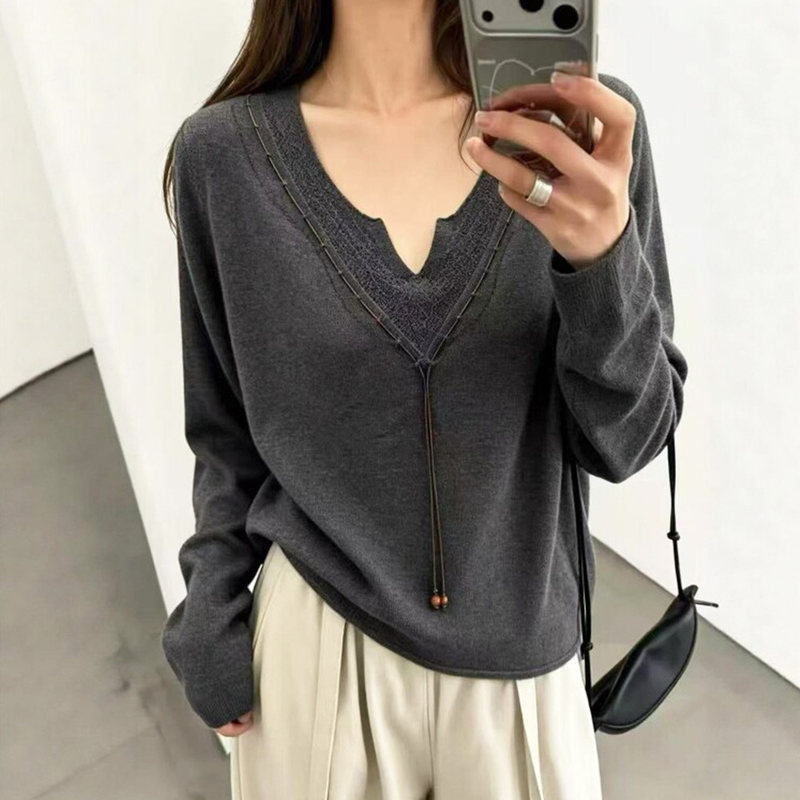 Casual V-neck Hollow Long Sleeve Knit Sweater for Women, 2026 New Autumn Loose Fit Casual Base Layer Top Casual V-neck Hollow Long Sleeve Knit Sweater for Women, 2026 New Autumn Loose Fit Casual Base Layer Top